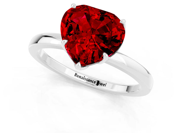 Platinum Heart Cut Ruby Solitaire Ring with Thin Band and Prong Setting