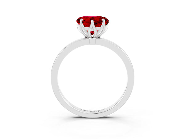 Silver Heart Cut Ruby Solitaire Ring with Thin Band and Prong Setting