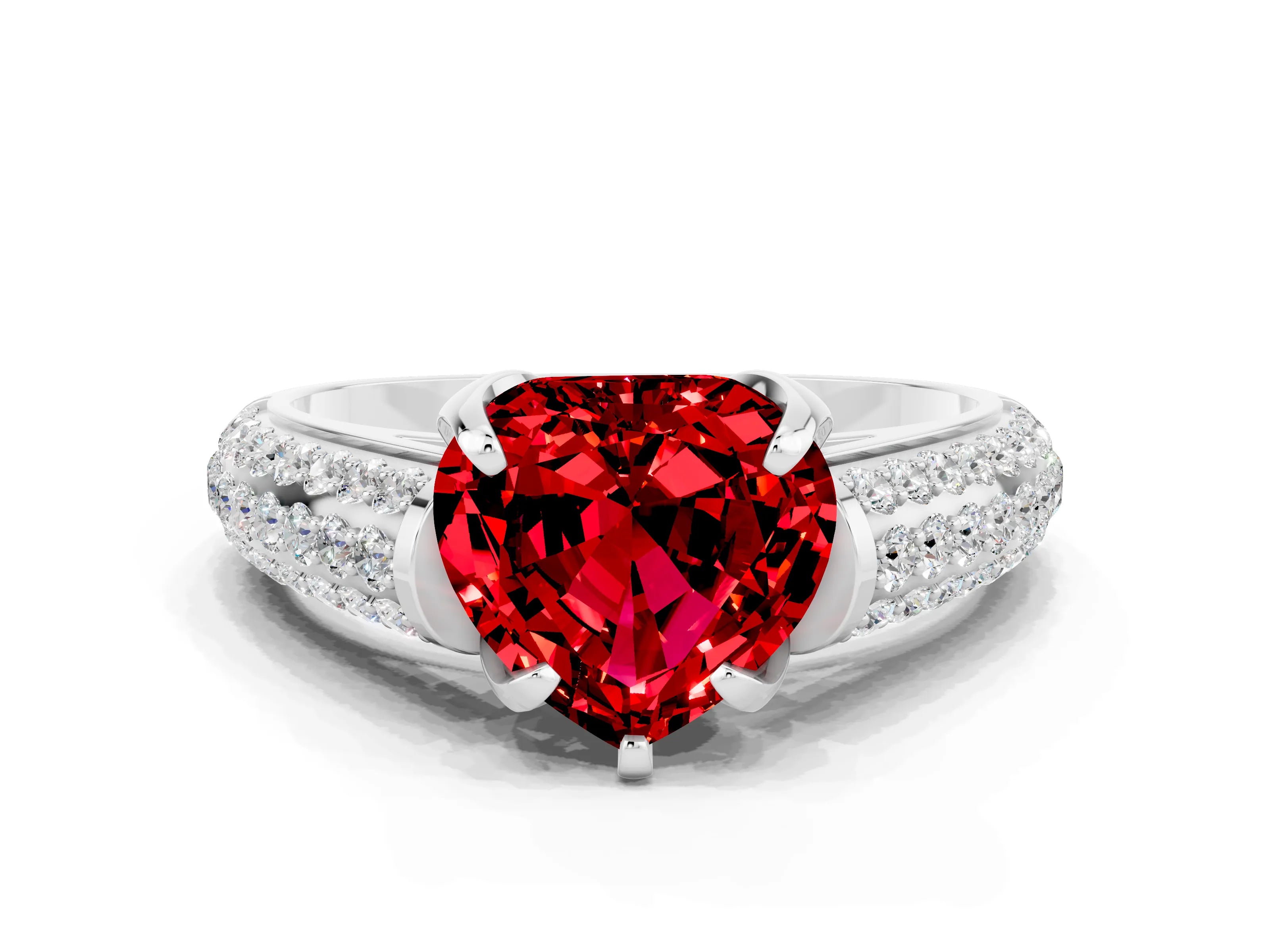 White gold Heart Cut Ruby Solitaire Ring with Three-Row Pavé Band and Four-Prong Setting_12