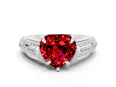 White gold Heart Cut Ruby Solitaire Ring with Three-Row Pavé Band and Four-Prong Setting_12