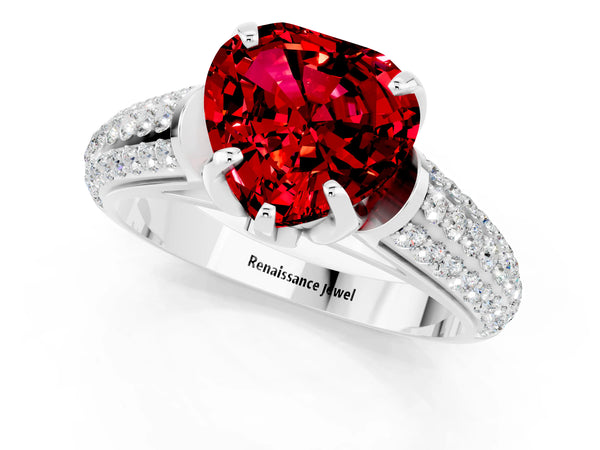 Silver Heart Cut Ruby Solitaire Ring with Three-Row Pavé Band and Four-Prong Setting