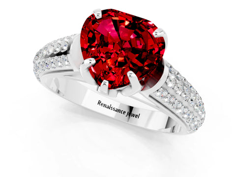 White gold Heart Cut Ruby Solitaire Ring with Three-Row Pavé Band and Four-Prong Setting_13