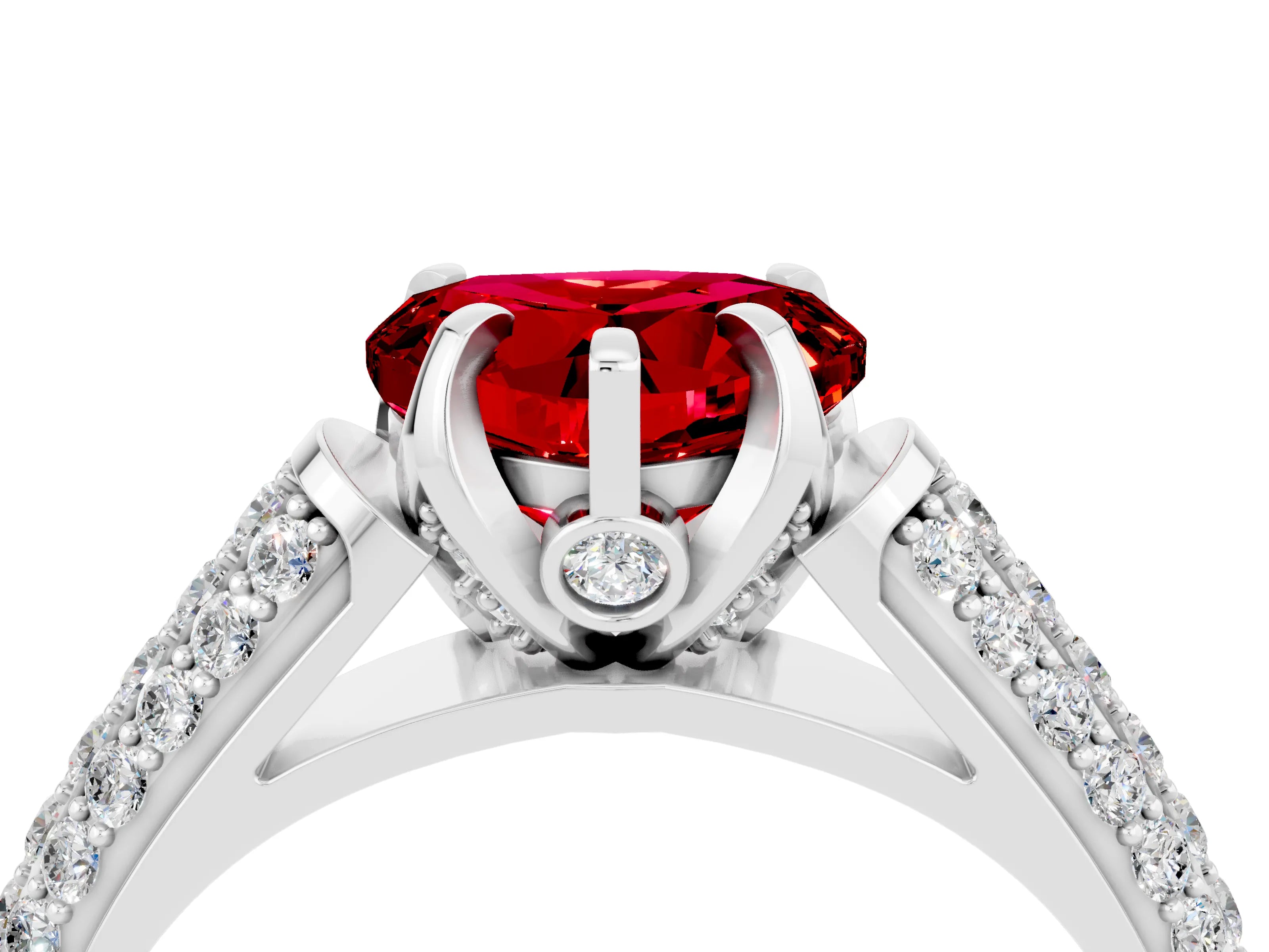 White gold Heart Cut Ruby Solitaire Ring with Three-Row Pavé Band and Four-Prong Setting_16
