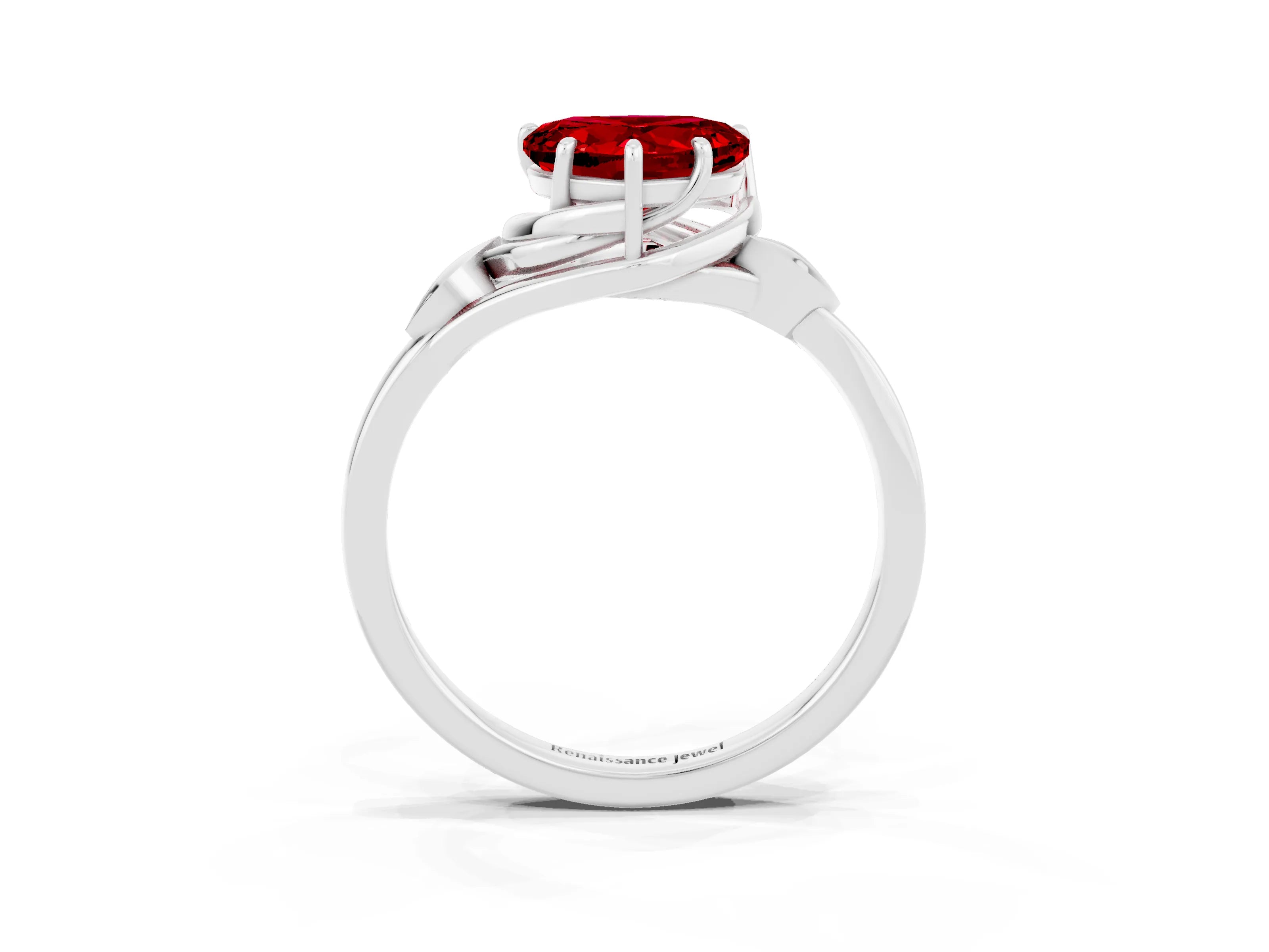 White gold Heart Cut Ruby Solitaire Ring with Twist Band and Four-Prong Setting_15
