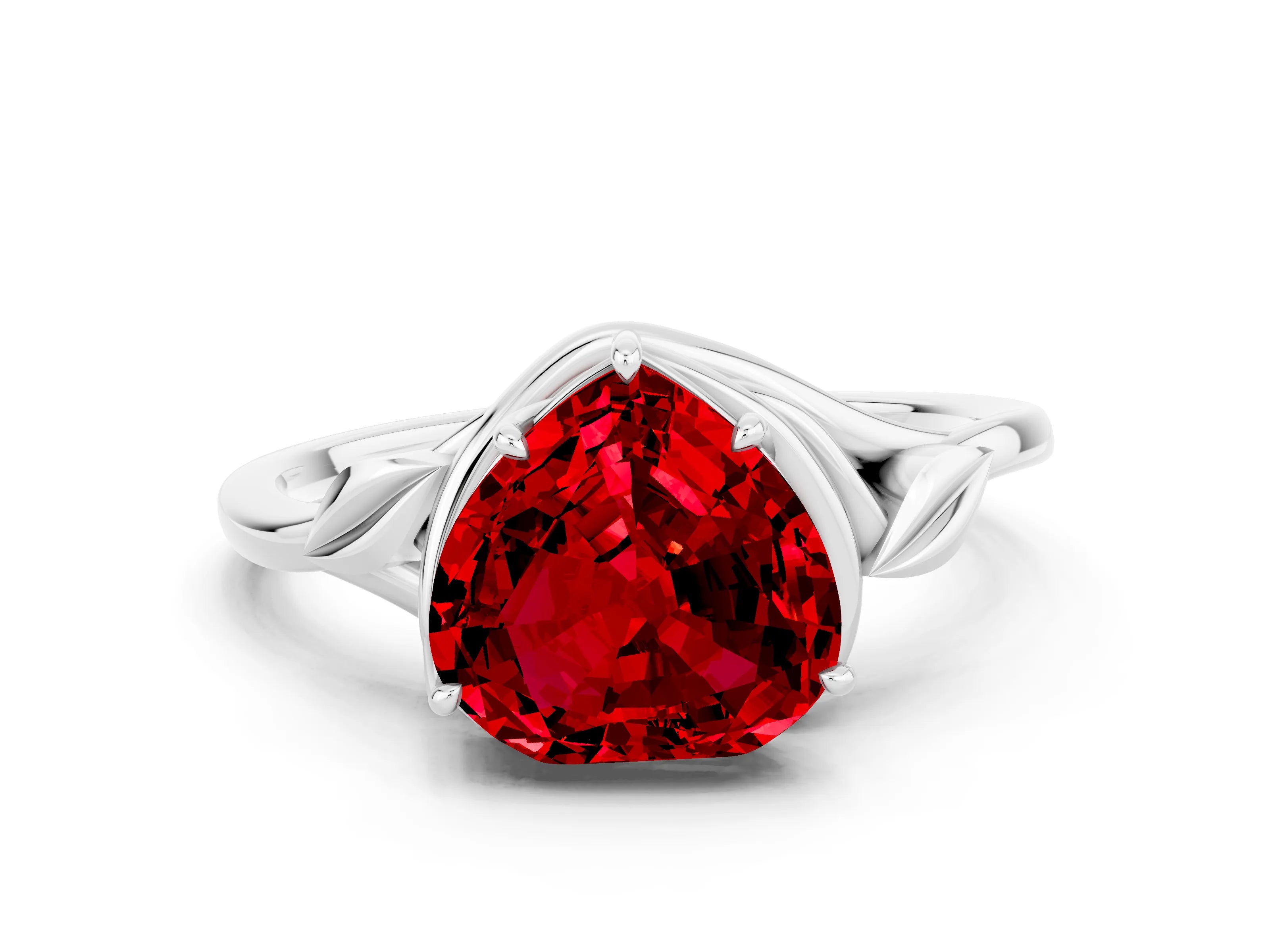 White gold Heart Cut Ruby Solitaire Ring with Twist Band and Four-Prong Setting_24