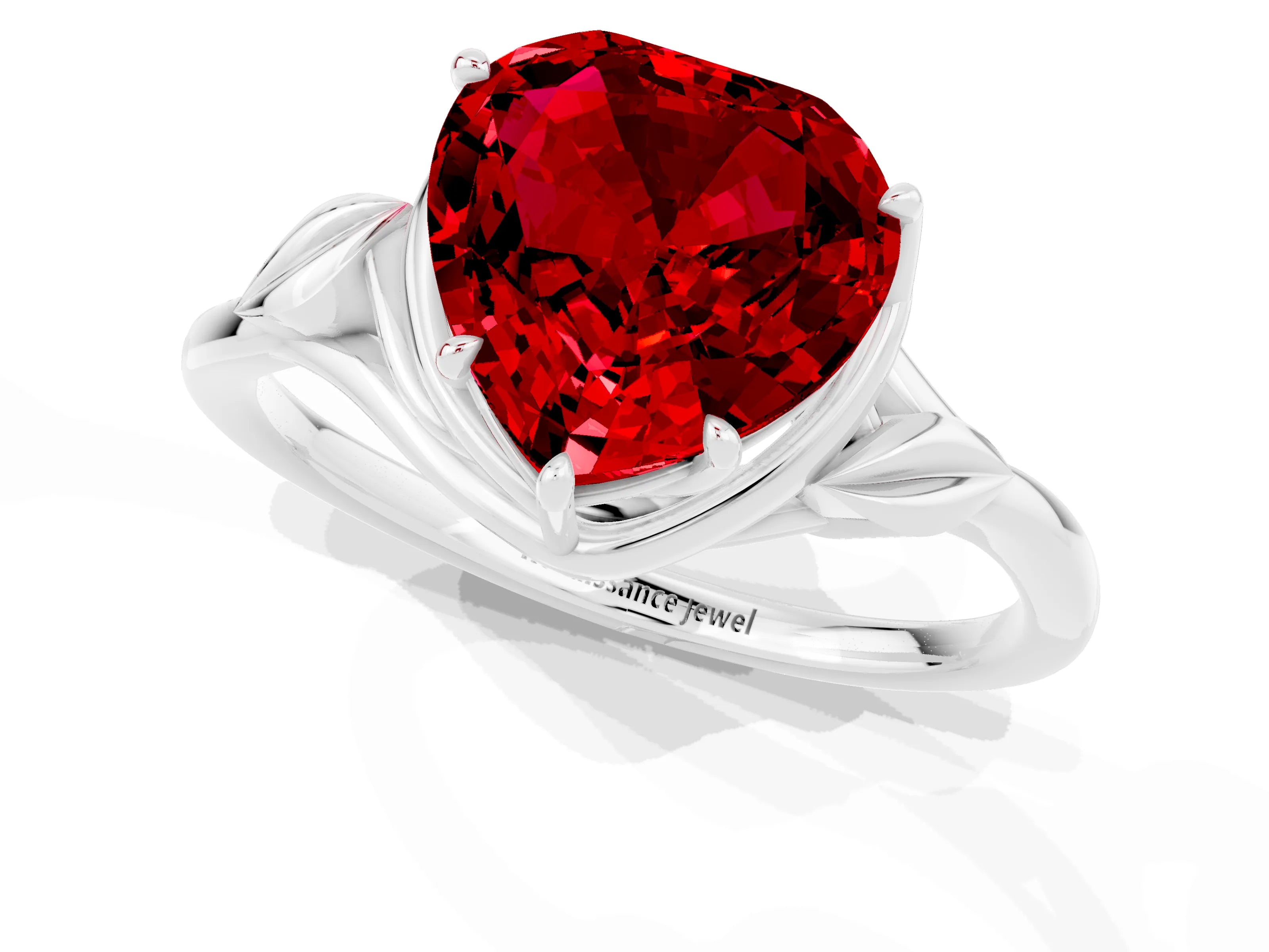 White gold Heart Cut Ruby Solitaire Ring with Twist Band and Four-Prong Setting_35
