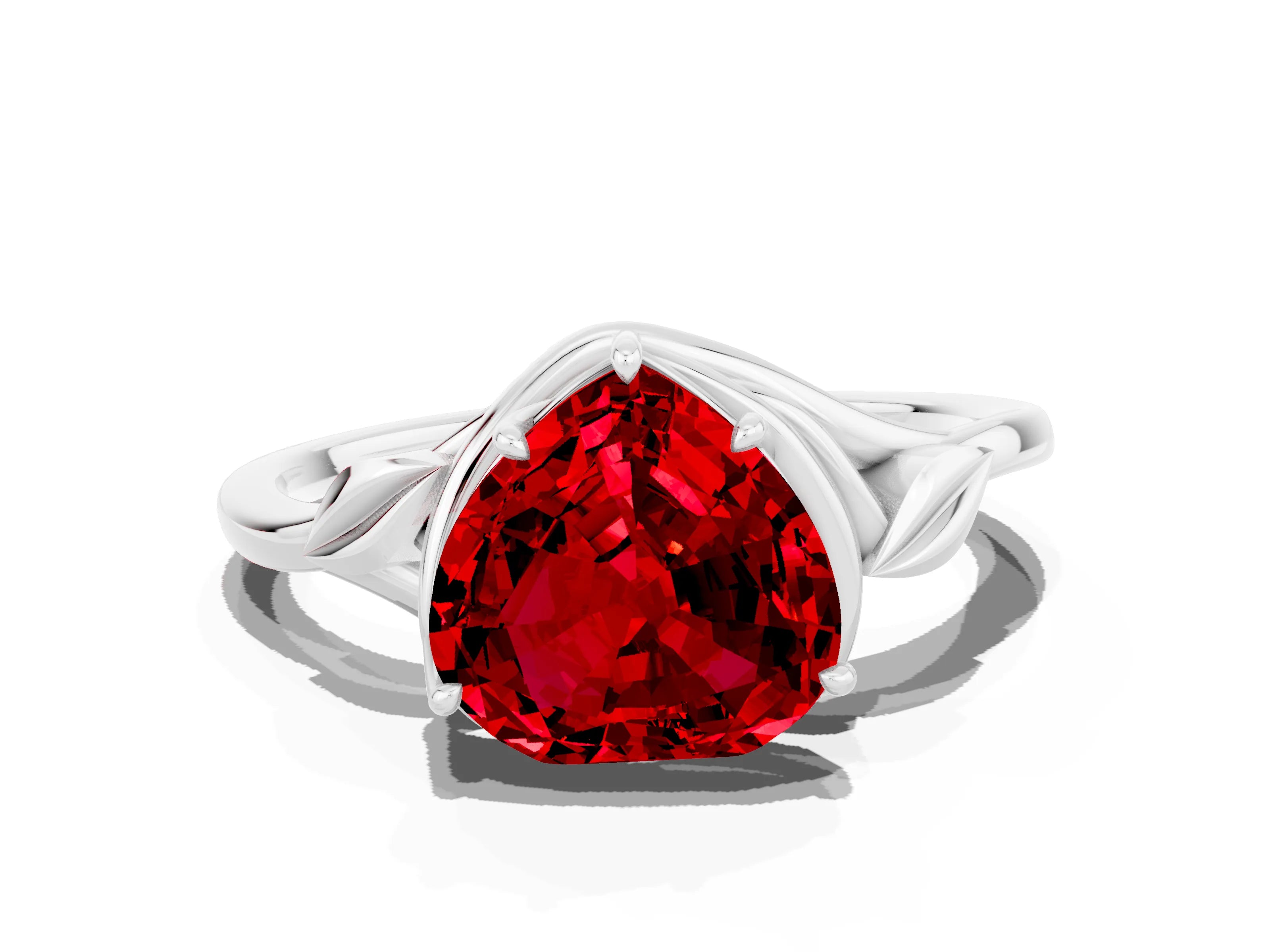 White gold Heart Cut Ruby Solitaire Ring with Twist Band and Four-Prong Setting_36