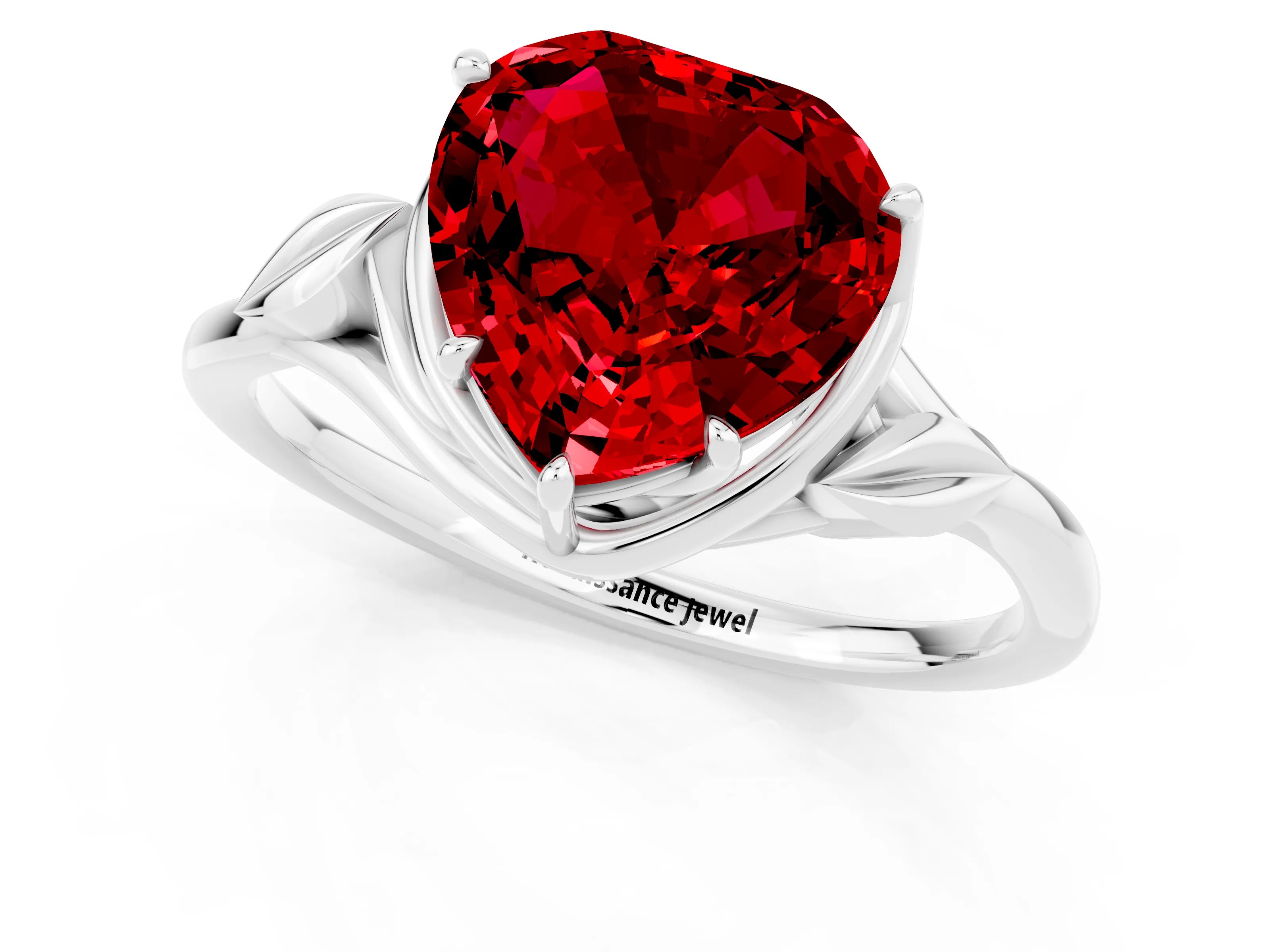 White gold Heart Cut Ruby Solitaire Ring with Twist Band and Four-Prong Setting_43