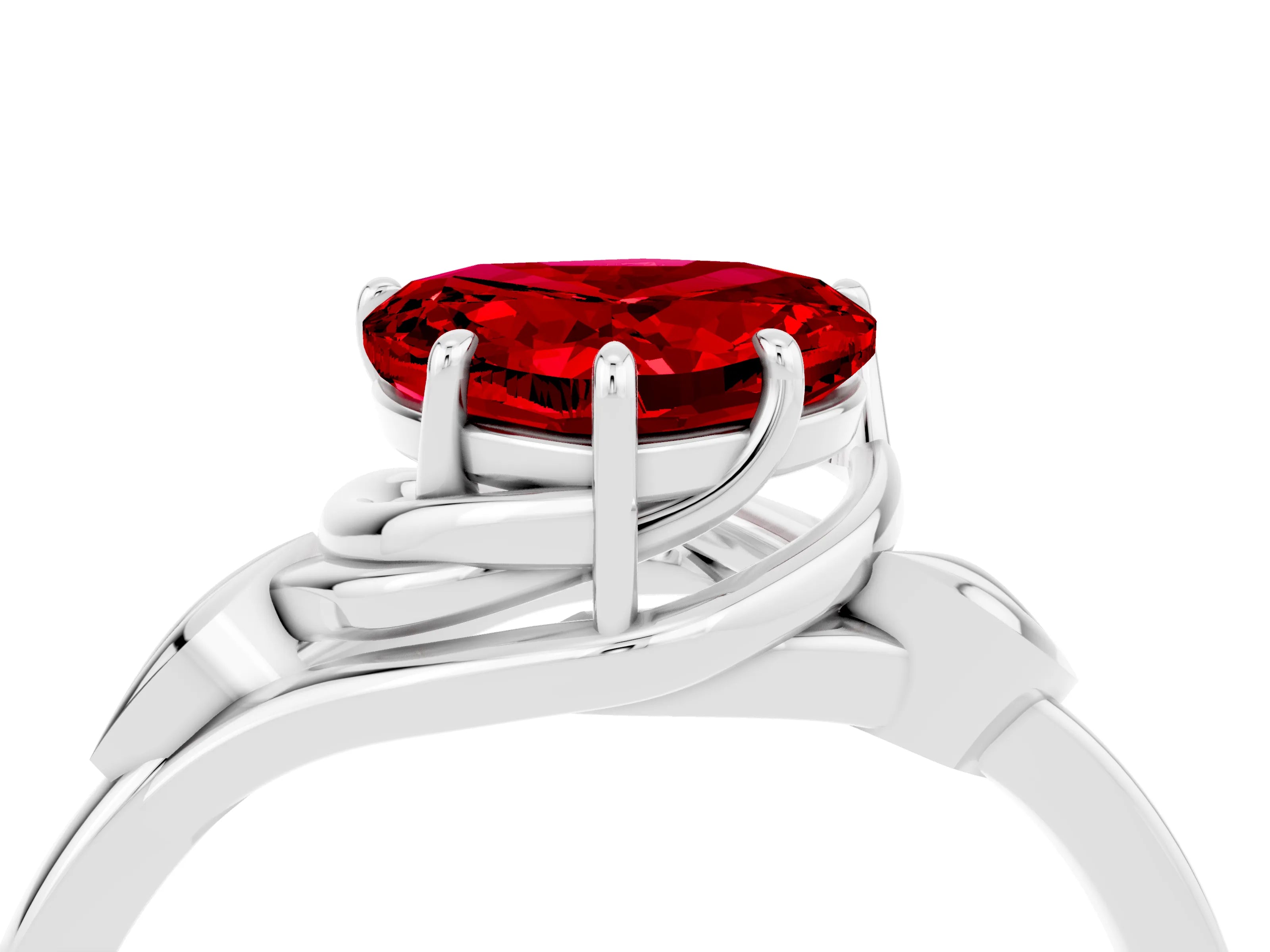 White gold Heart Cut Ruby Solitaire Ring with Twist Band and Four-Prong Setting_46