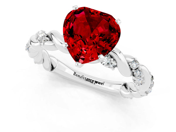 Silver Heart Cut Ruby Solitaire Ring with Twisted Band and Pavé Accents