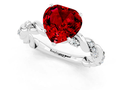 White gold Heart Cut Ruby Solitaire Ring with Twisted Band and Pavé Accents_1