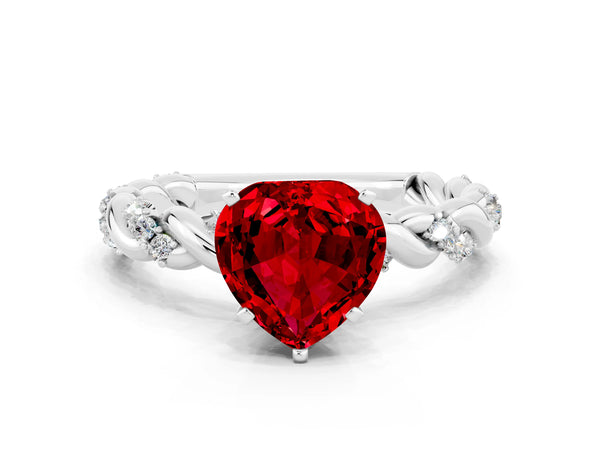 Silver Heart Cut Ruby Solitaire Ring with Twisted Band and Pavé Accents