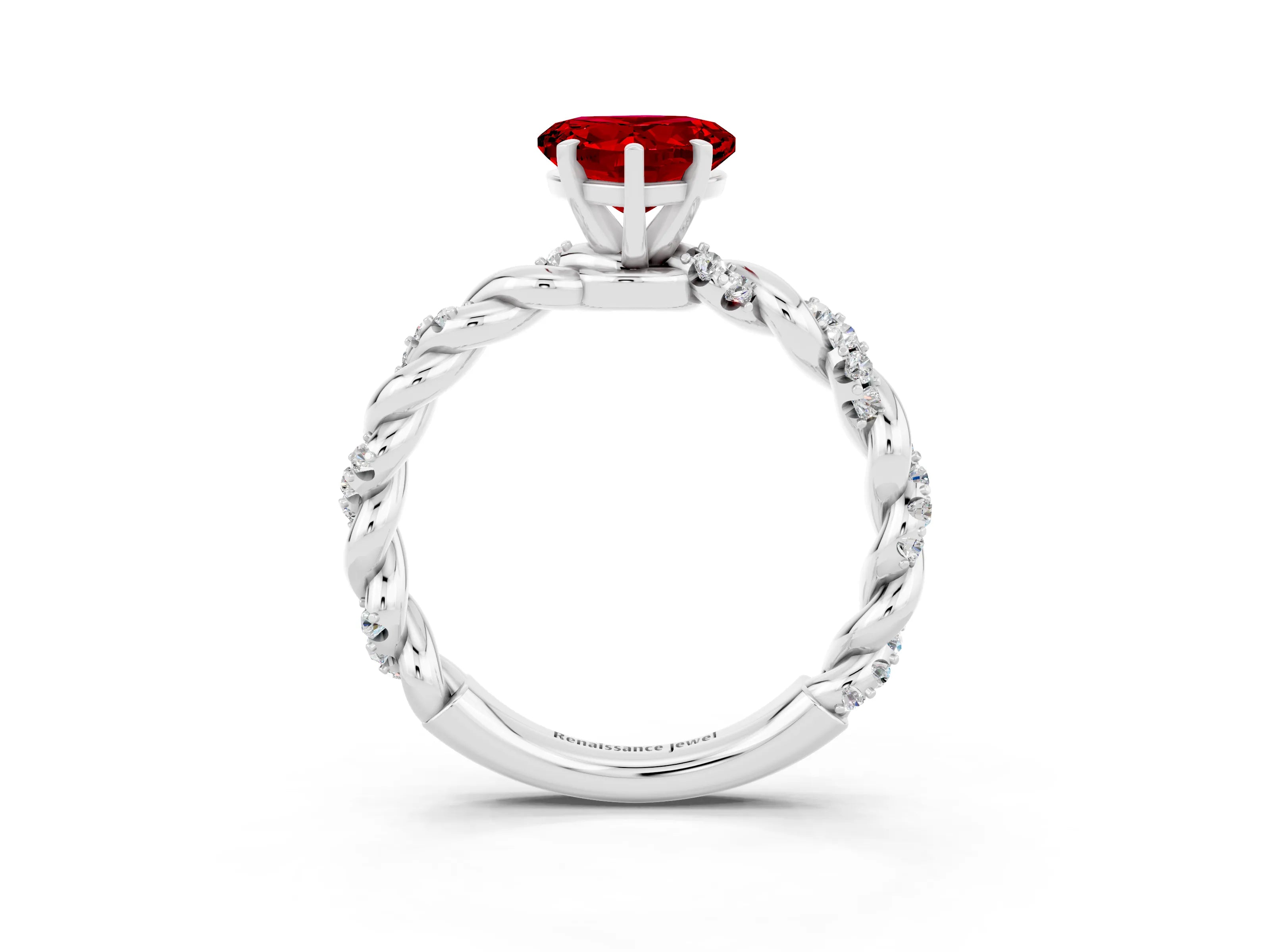 White gold Heart Cut Ruby Solitaire Ring with Twisted Band and Pavé Accents_3
