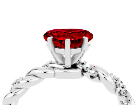 White gold Heart Cut Ruby Solitaire Ring with Twisted Band and Pavé Accents_4