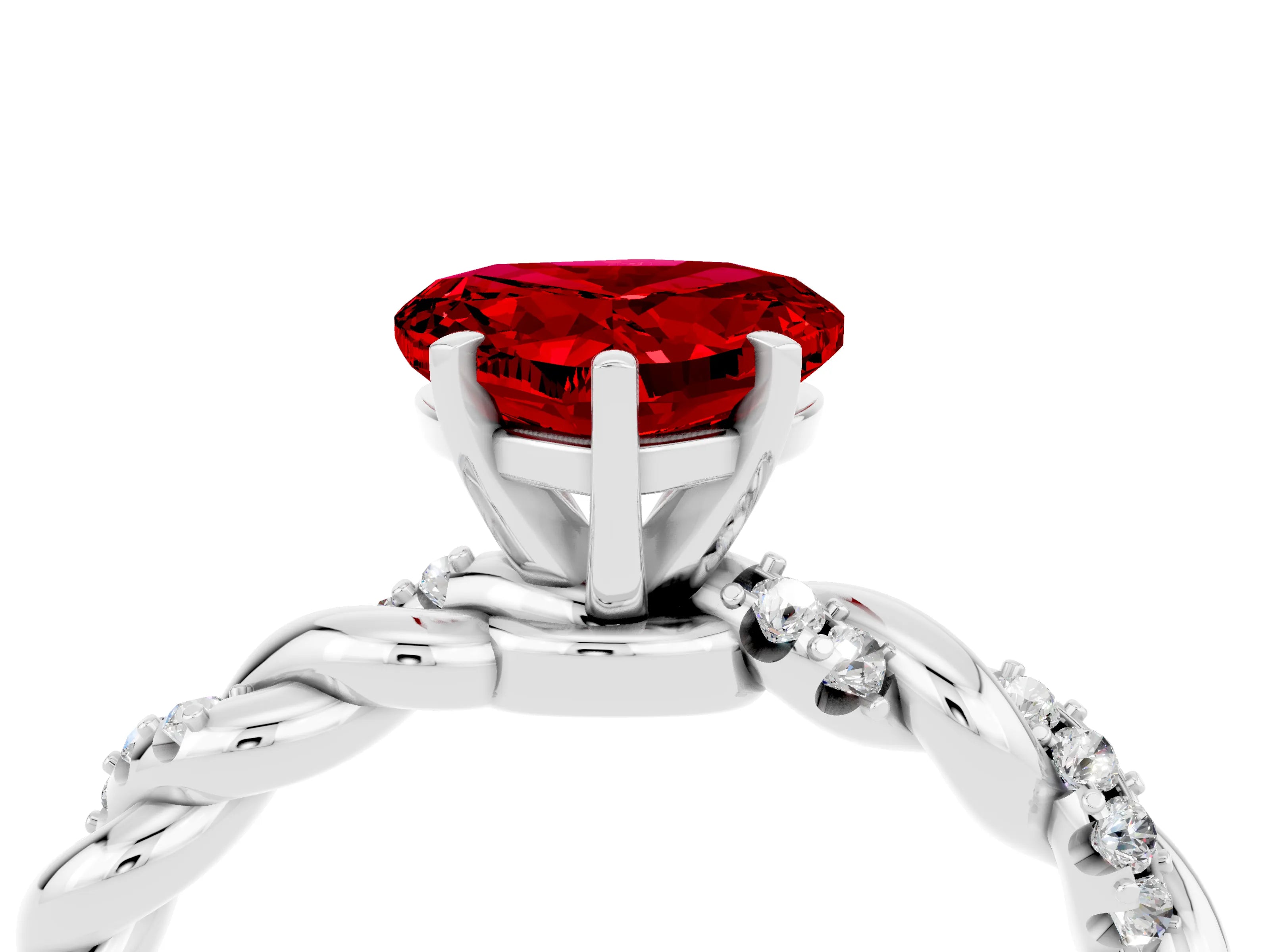 White gold Heart Cut Ruby Solitaire Ring with Twisted Band and Pavé Accents_4