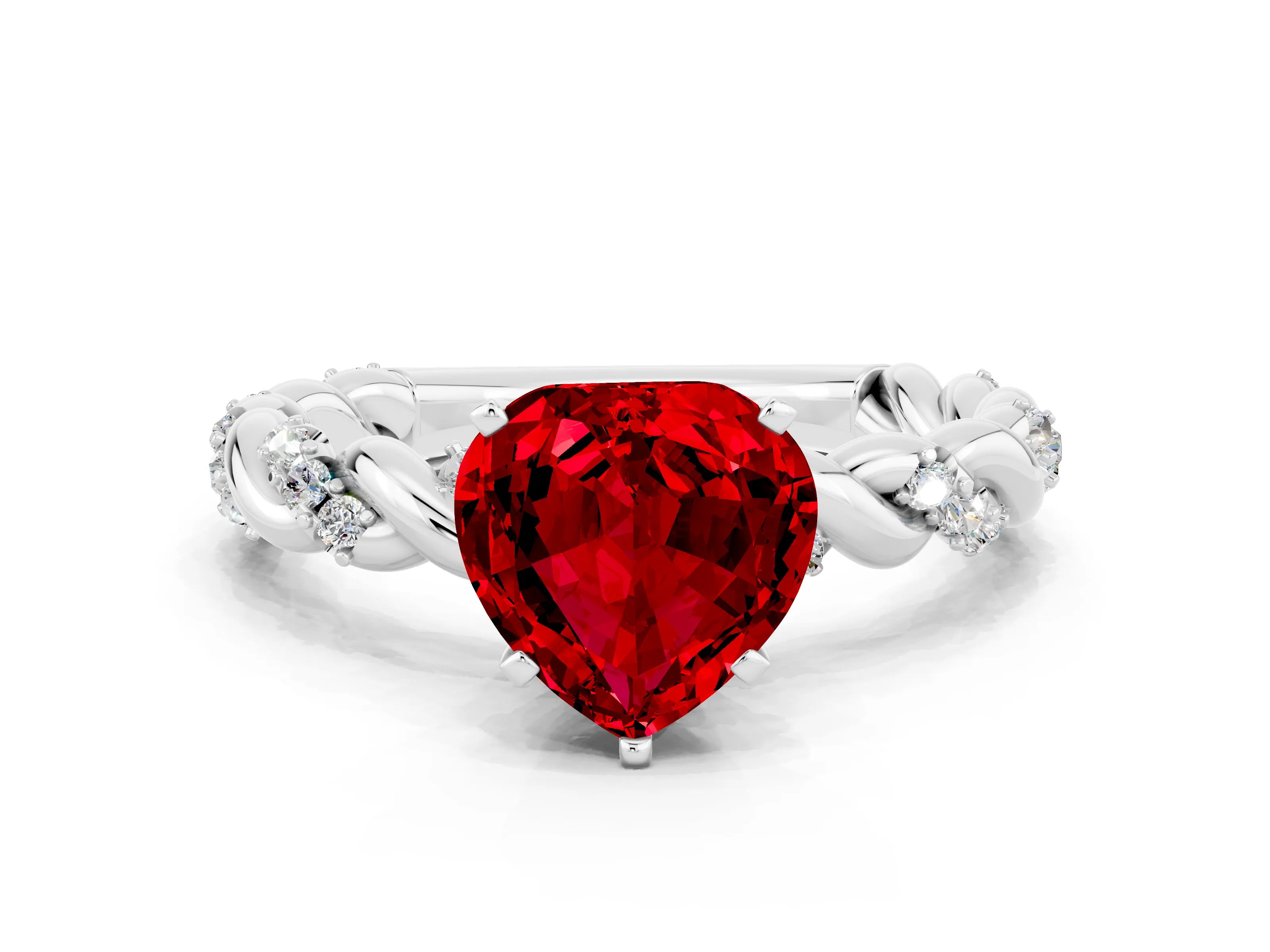 White gold Heart Cut Ruby Solitaire Ring with Twisted Band and Pavé Accents