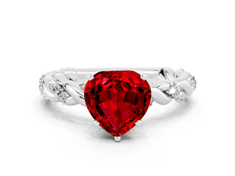 White gold Heart Cut Ruby Solitaire Ring with Twisted Band and Pavé Accents