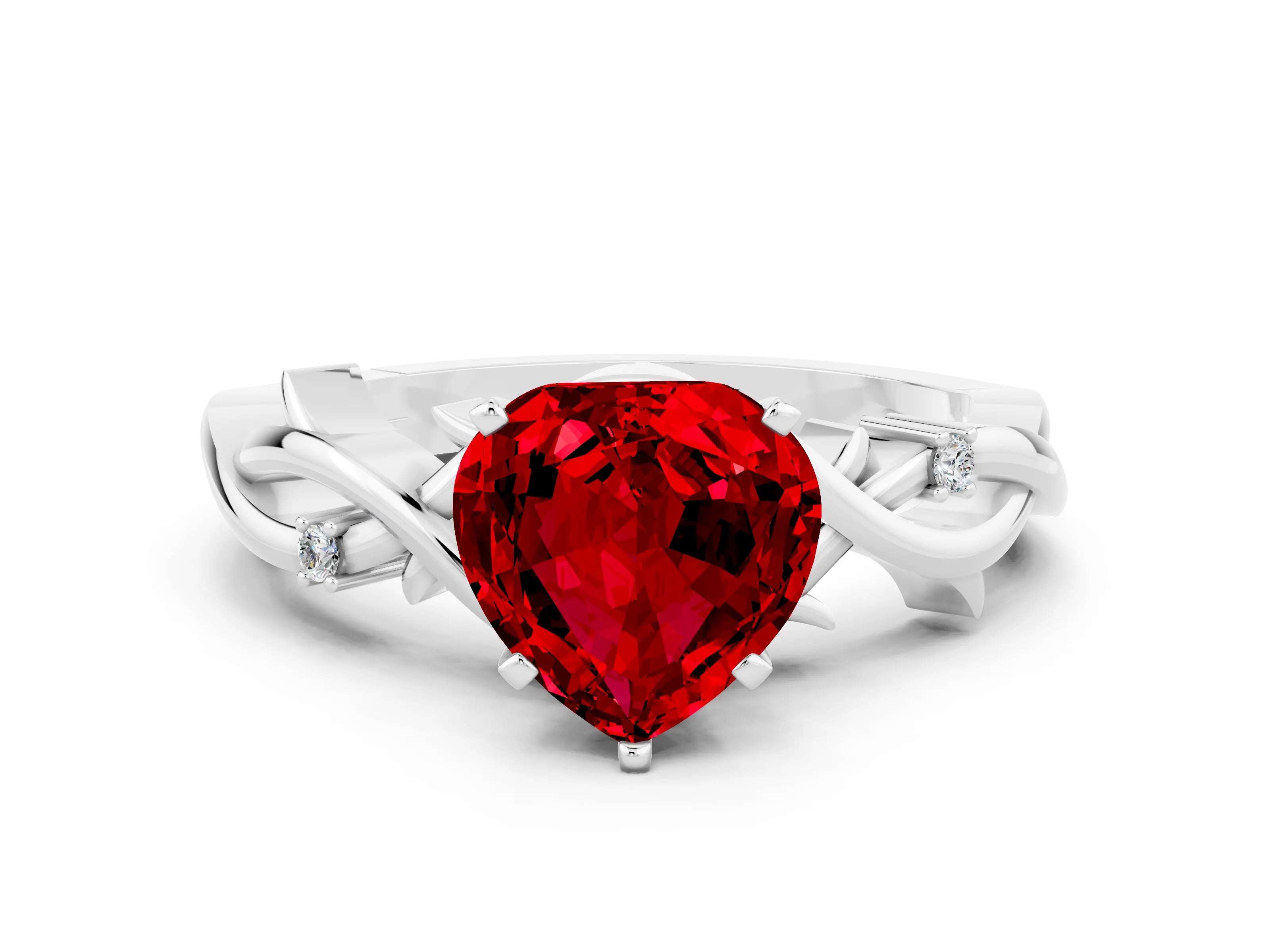White gold Heart Cut Ruby Solitaire Ring with Twisted Band and Prong Setting