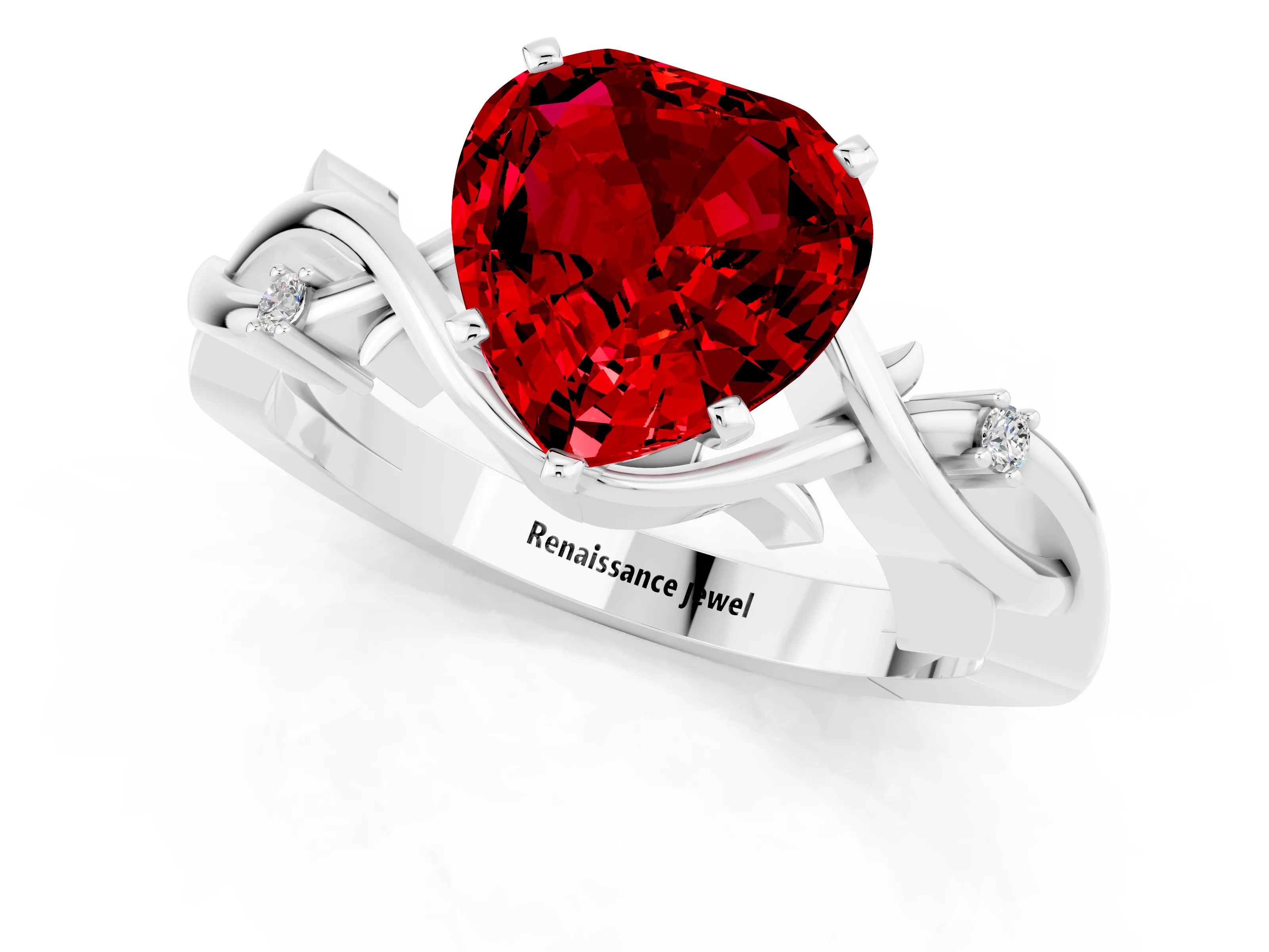 White gold Heart Cut Ruby Solitaire Ring with Twisted Band and Prong Setting_1