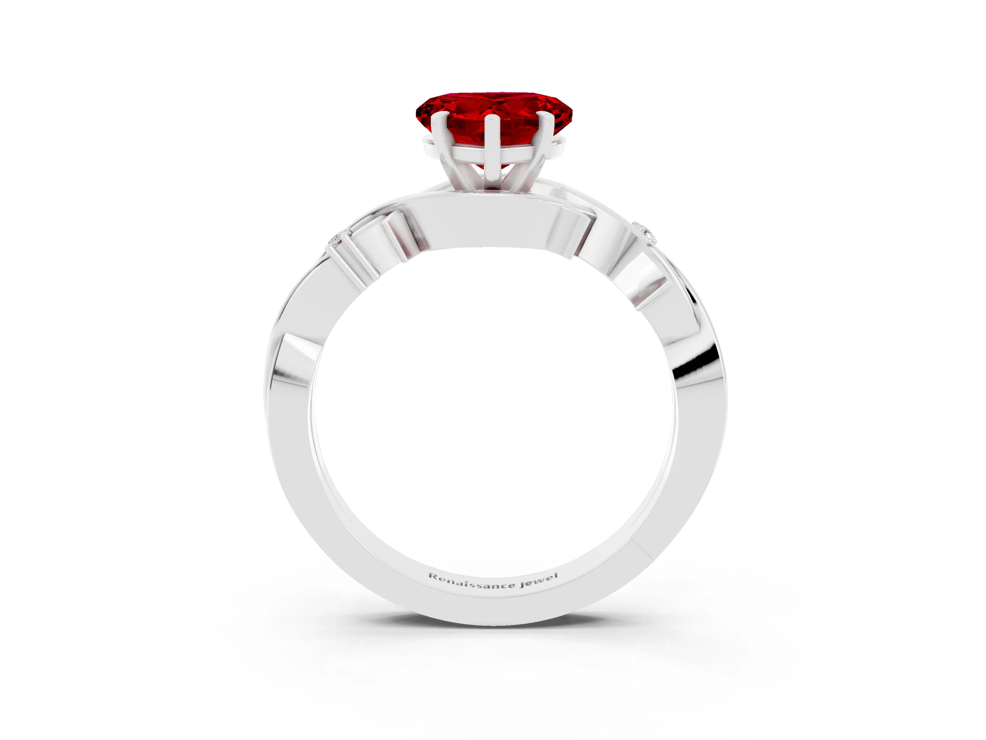 White gold Heart Cut Ruby Solitaire Ring with Twisted Band and Prong Setting_3