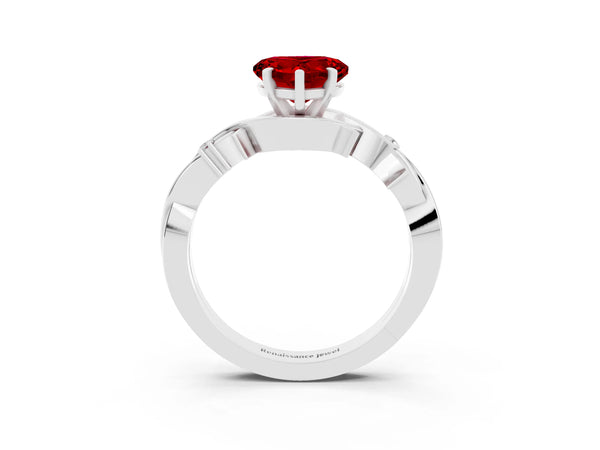 Platinum Heart Cut Ruby Solitaire Ring with Twisted Band and Prong Setting