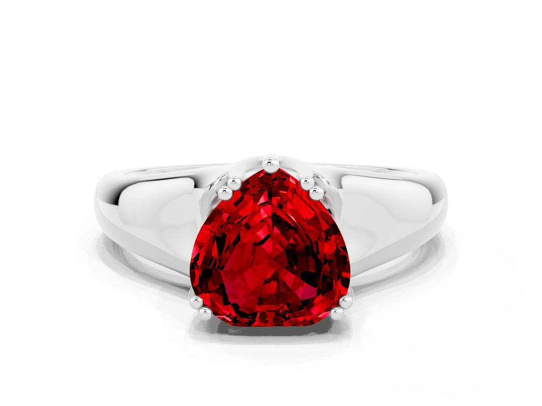 White gold Heart Cut Ruby Solitaire Ring with Wide Band and Prong Setting