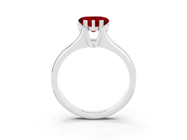 Silver Heart Cut Ruby Solitaire Ring with Wide Band and Prong Setting