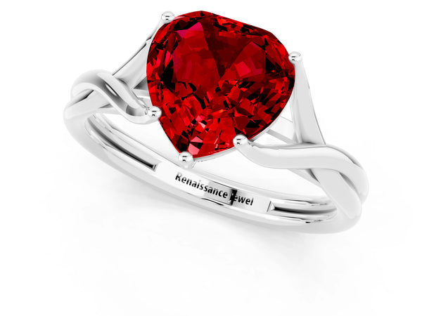 Platinum Heart Cut Ruby Solitaire Twist Band Prong Setting Ring