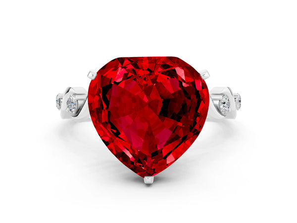Platinum Heart Cut Ruby Solitaire Twisted Band with Round  Accents and Prong Setting
