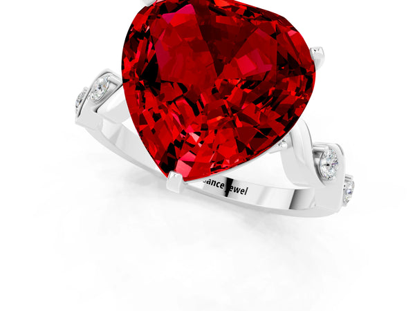 Silver Heart Cut Ruby Solitaire Twisted Band with Round  Accents and Prong Setting