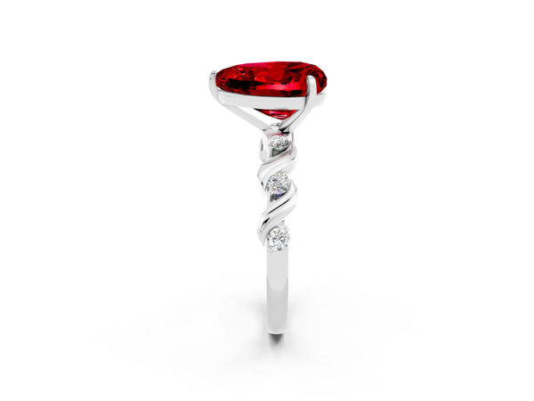 Silver Heart Cut Ruby Solitaire Twisted Band with Round  Accents and Prong Setting
