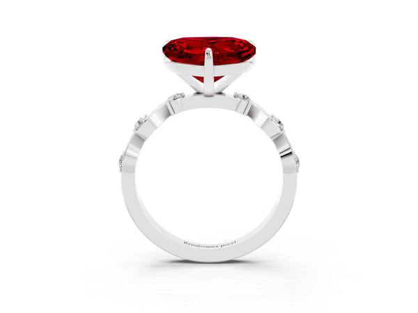 Platinum Heart Cut Ruby Solitaire Twisted Band with Round  Accents and Prong Setting