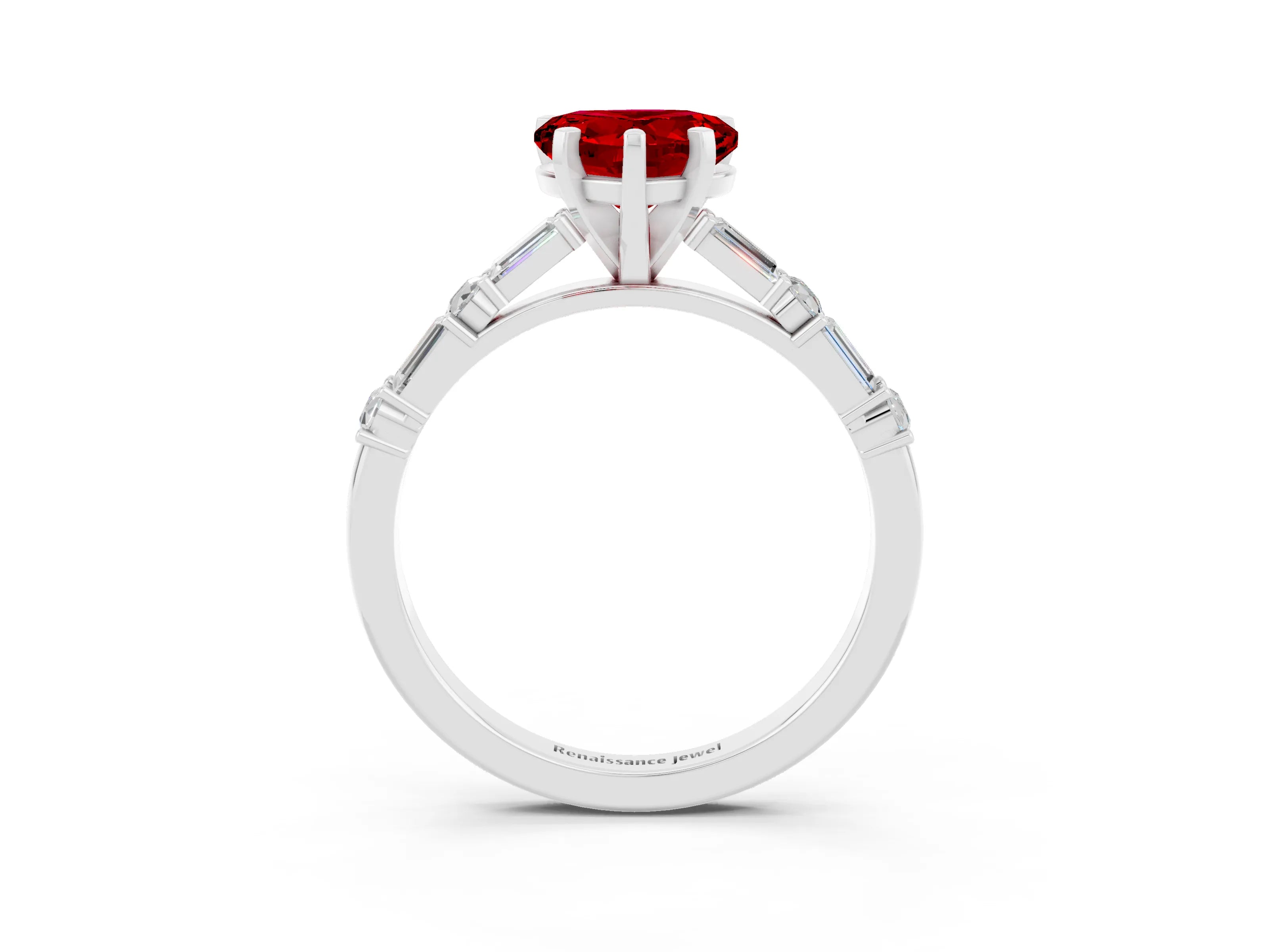 White gold Heart Cut Ruby Solitaire with Side Baguettes and Channel Set Band_3