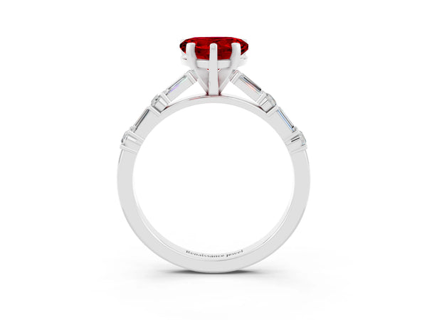 White gold Heart Cut Ruby Solitaire with Side Baguettes and Channel Set Band
