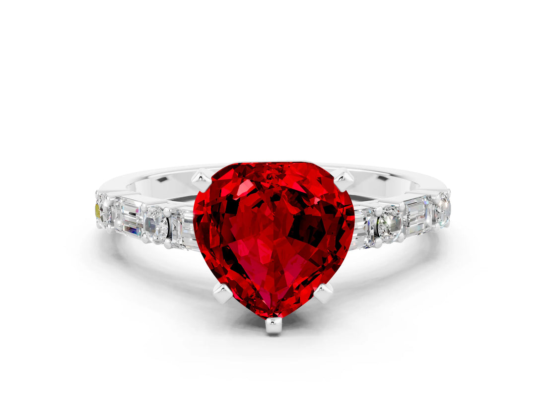 White gold Heart Cut Ruby Solitaire with Side Baguettes and Channel Set Band
