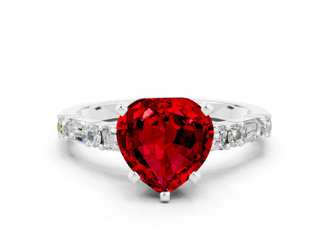 White gold Heart Cut Ruby Solitaire with Side Baguettes and Channel Set Band