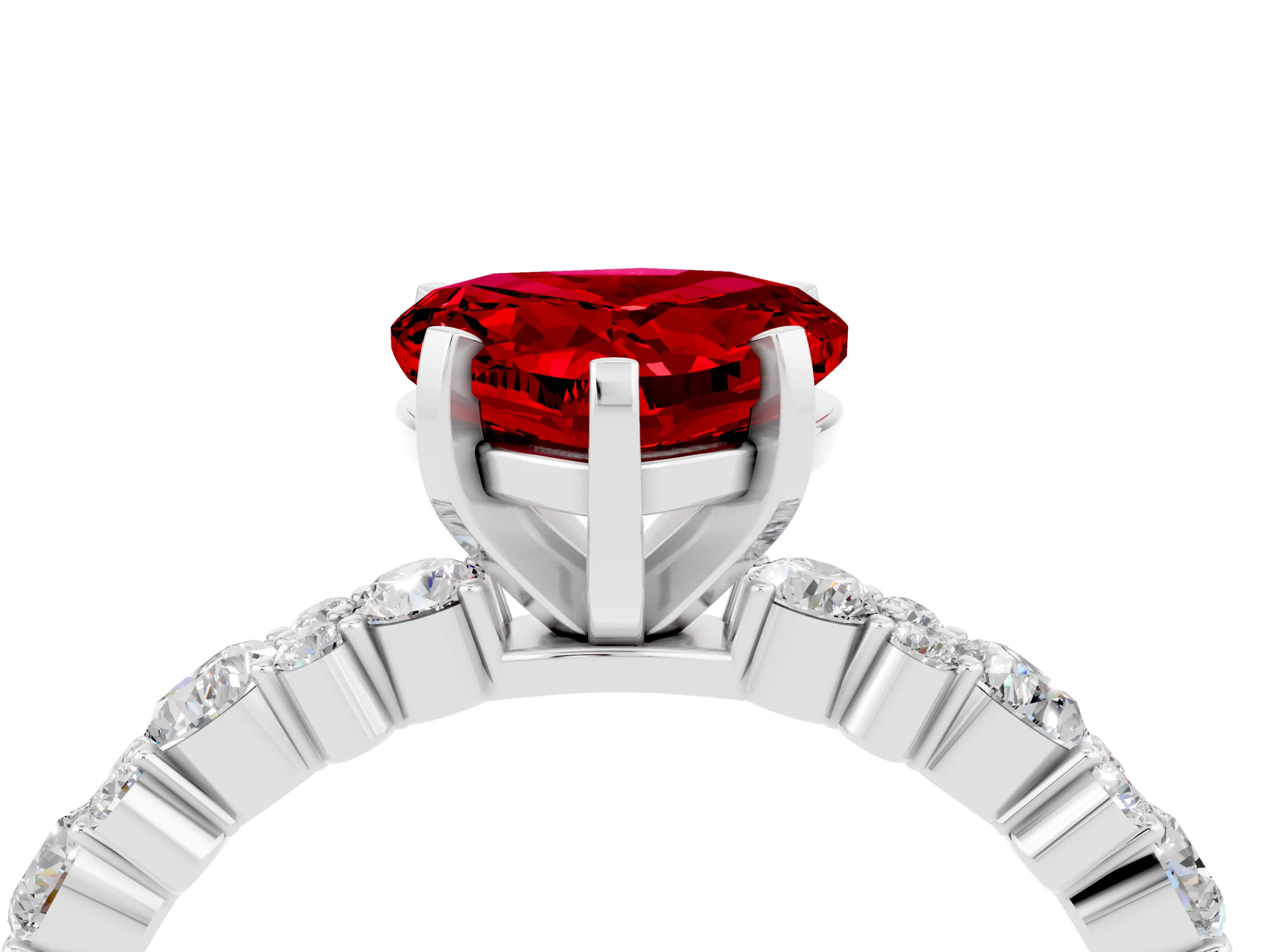 White gold Heart Cut Ruby Solitaire with Side Stones, Pave Band, Four-Prong Setting_40