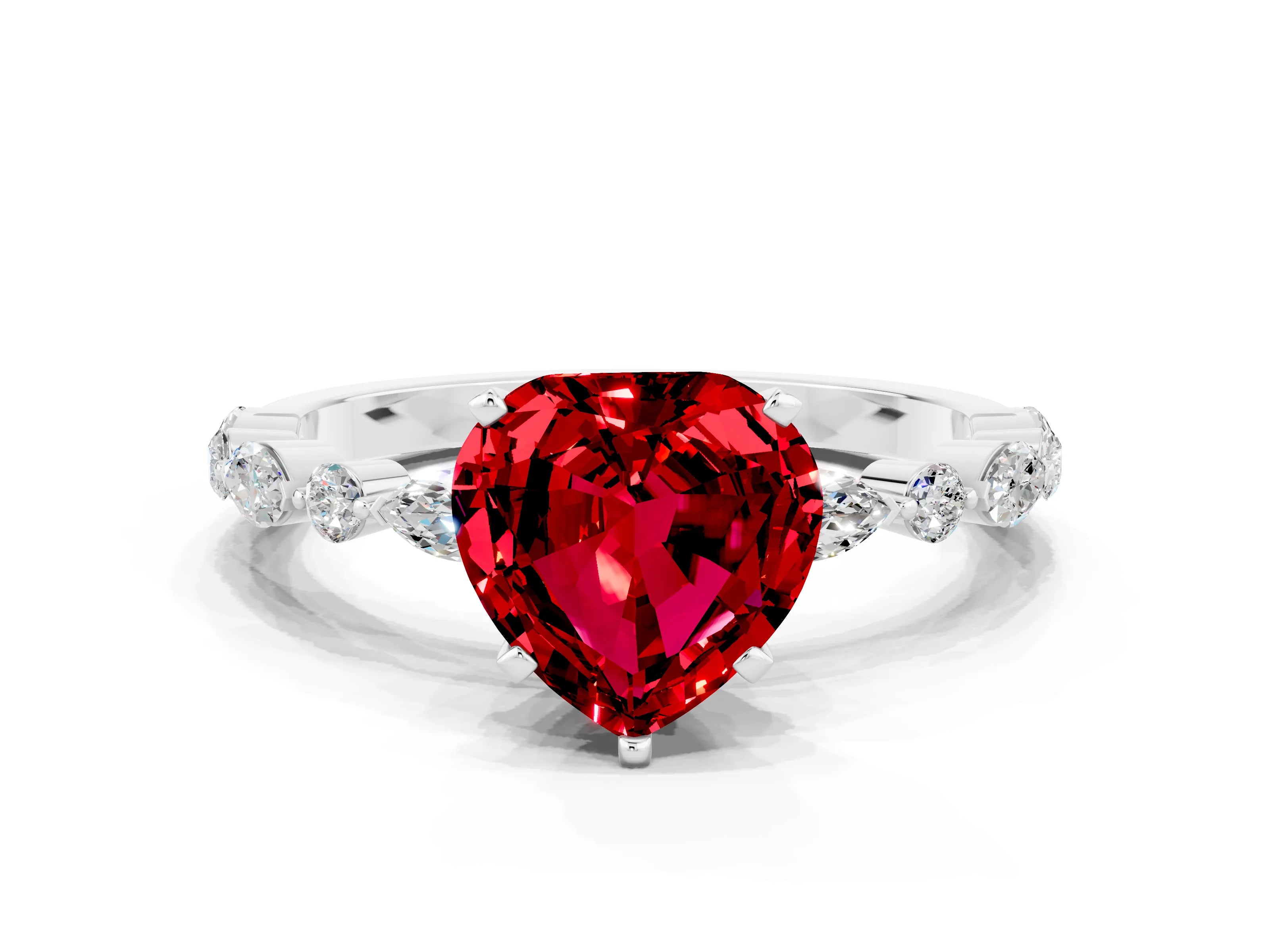 White gold Heart Cut Ruby Solitaire with Side Stones on a Pavé Band and Four-Prong Setting