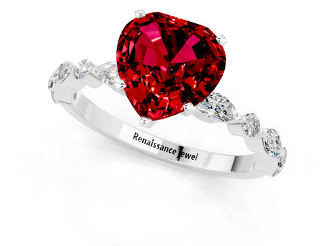 White gold Heart Cut Ruby Solitaire with Side Stones on a Pavé Band and Four-Prong Setting_1