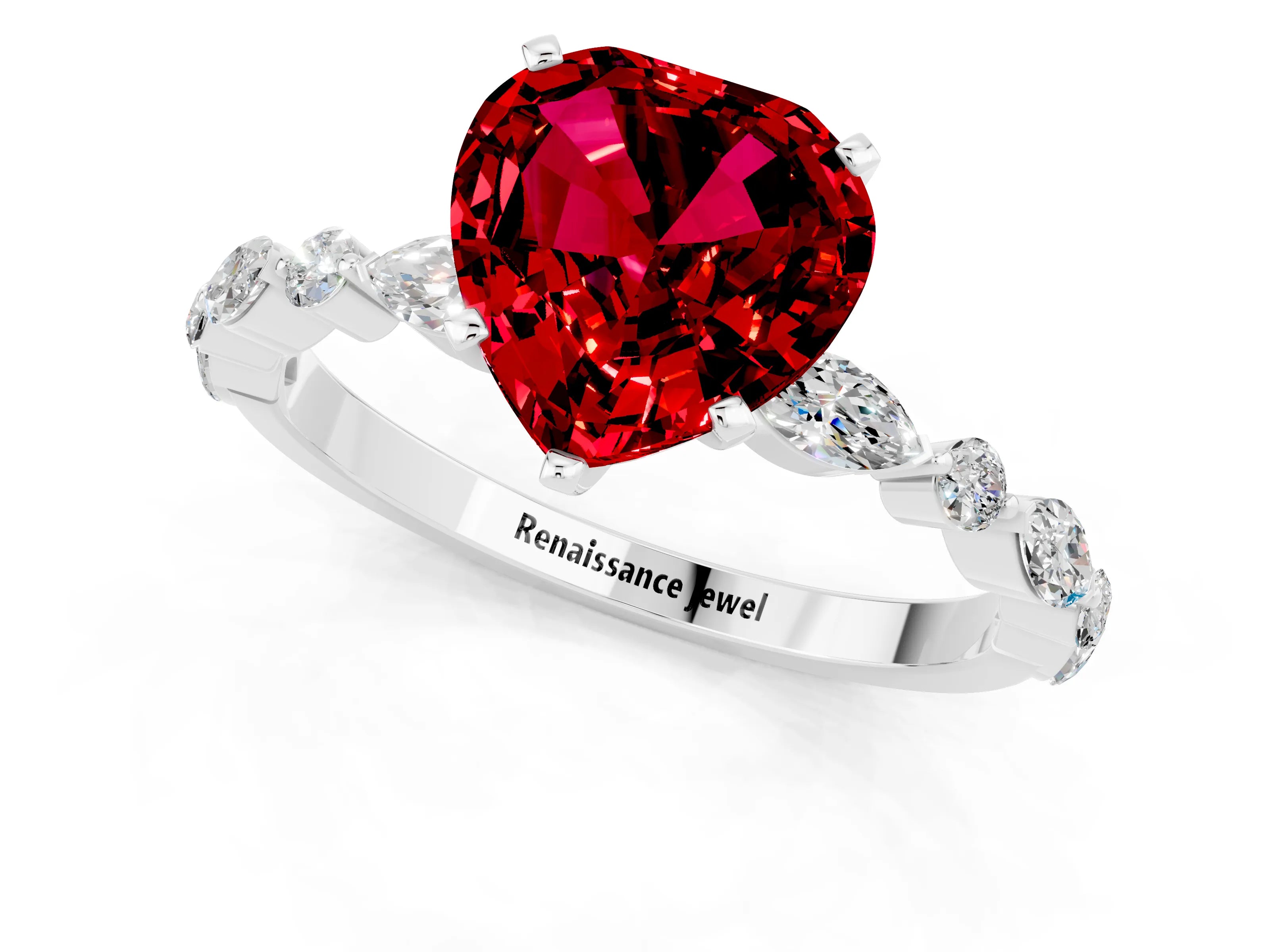 White gold Heart Cut Ruby Solitaire with Side Stones on a Pavé Band and Four-Prong Setting_1
