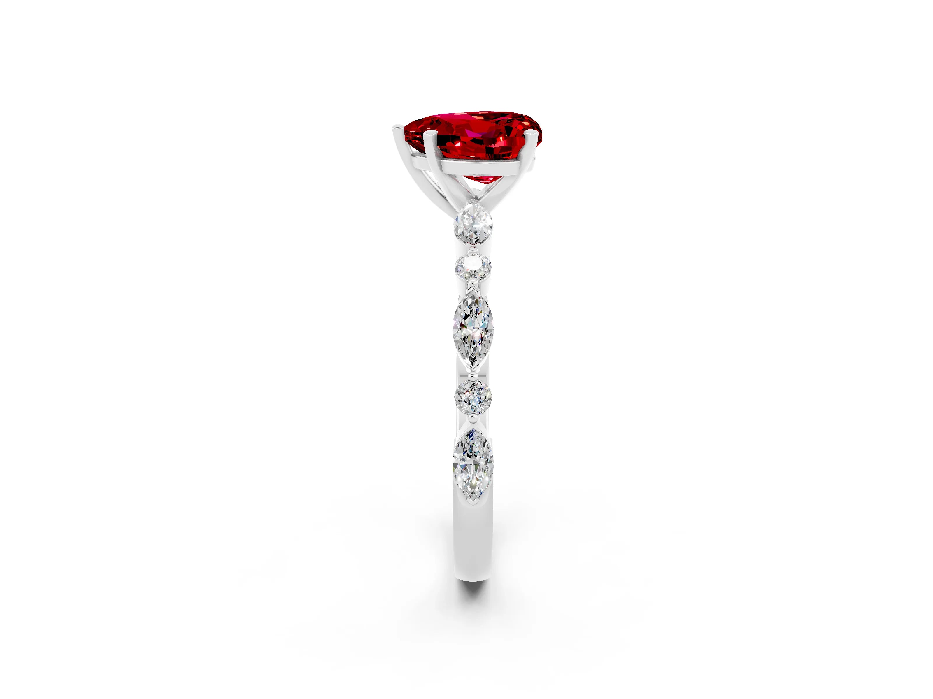 White gold Heart Cut Ruby Solitaire with Side Stones on a Pavé Band and Four-Prong Setting_2