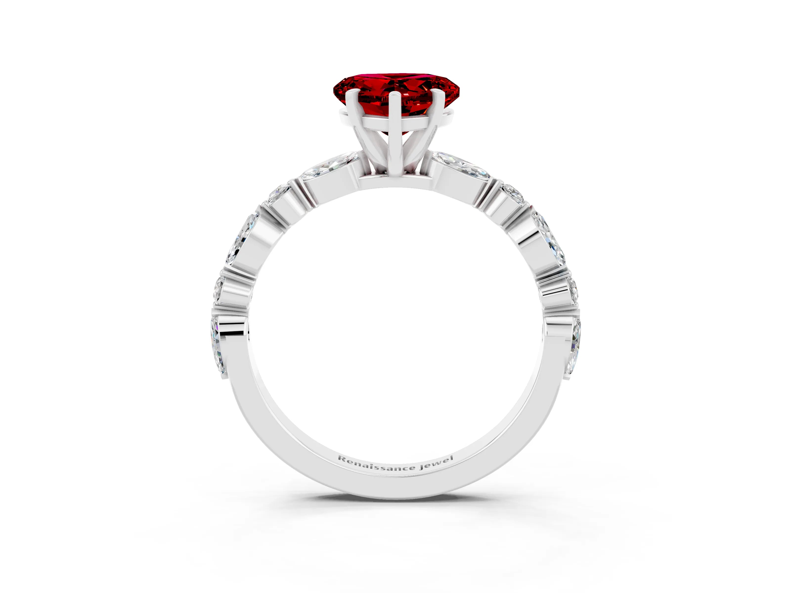 White gold Heart Cut Ruby Solitaire with Side Stones on a Pavé Band and Four-Prong Setting_3