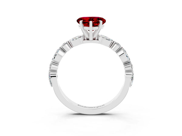 Silver Heart Cut Ruby Ring with Marquise and Round  Side Stones and Four-Prong Setting
