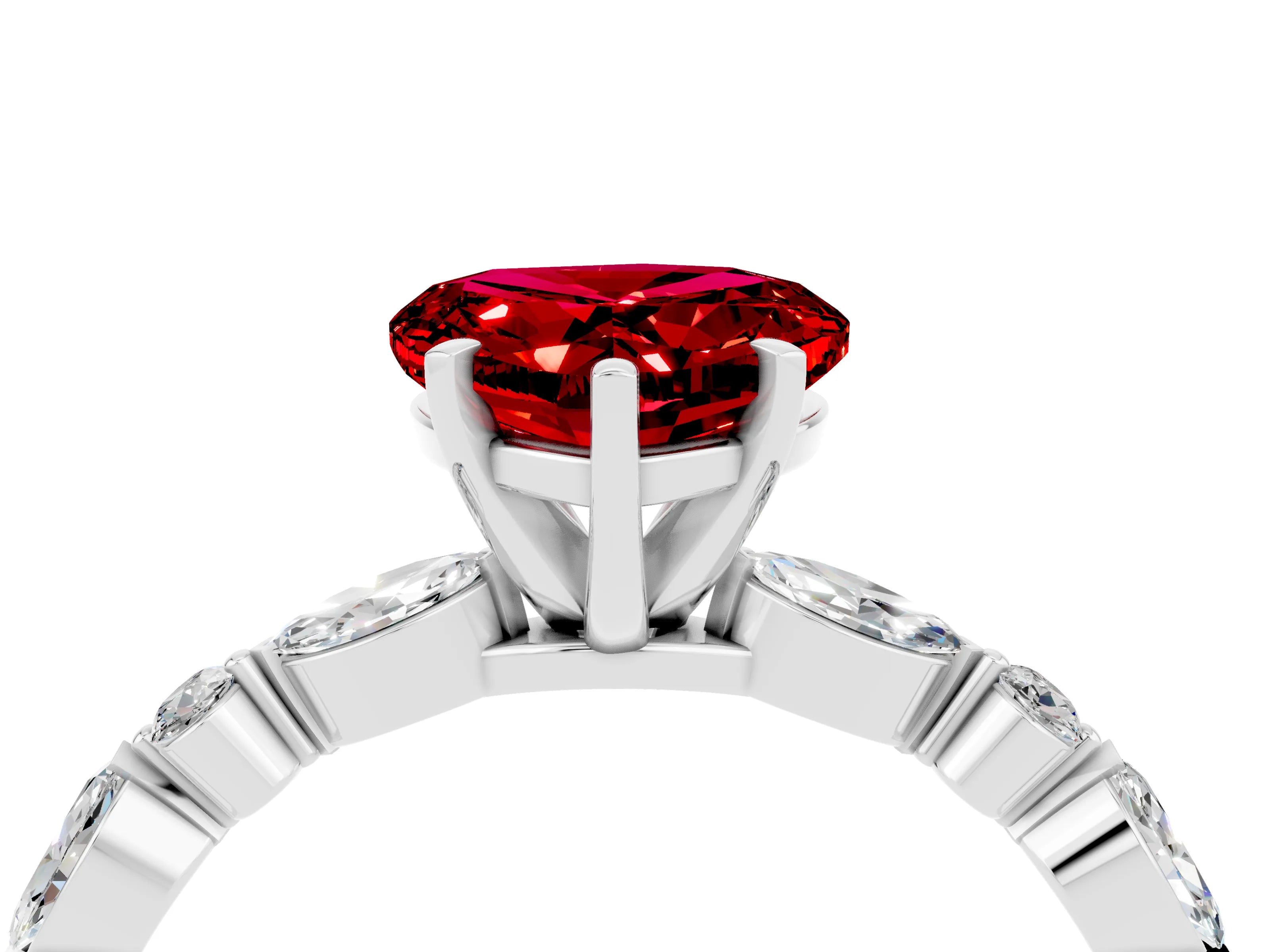 White gold Heart Cut Ruby Solitaire with Side Stones on a Pavé Band and Four-Prong Setting_4
