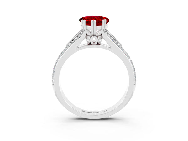 Silver Heart Cut Ruby Split Shank Engagement Ring with Pavé Band