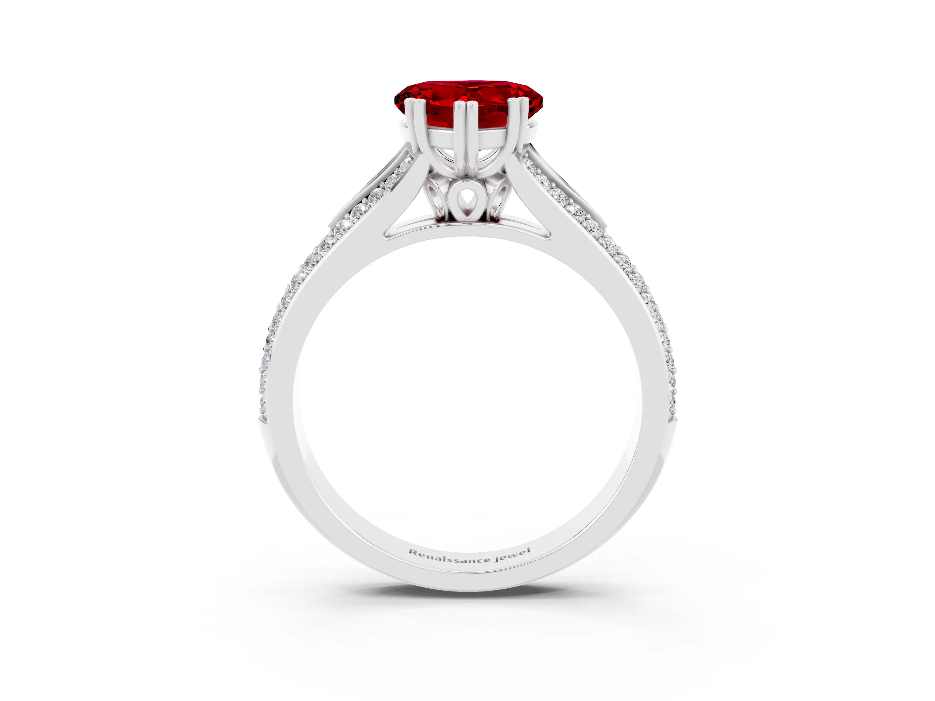 White gold Heart Cut Ruby Split Shank Engagement Ring with Pavé Band_3