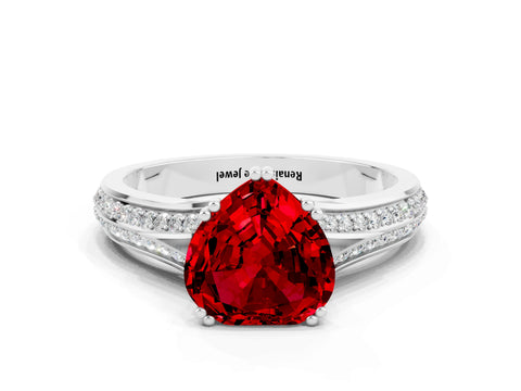 White gold Heart Cut Ruby Split Shank Engagement Ring with Pavé Band
