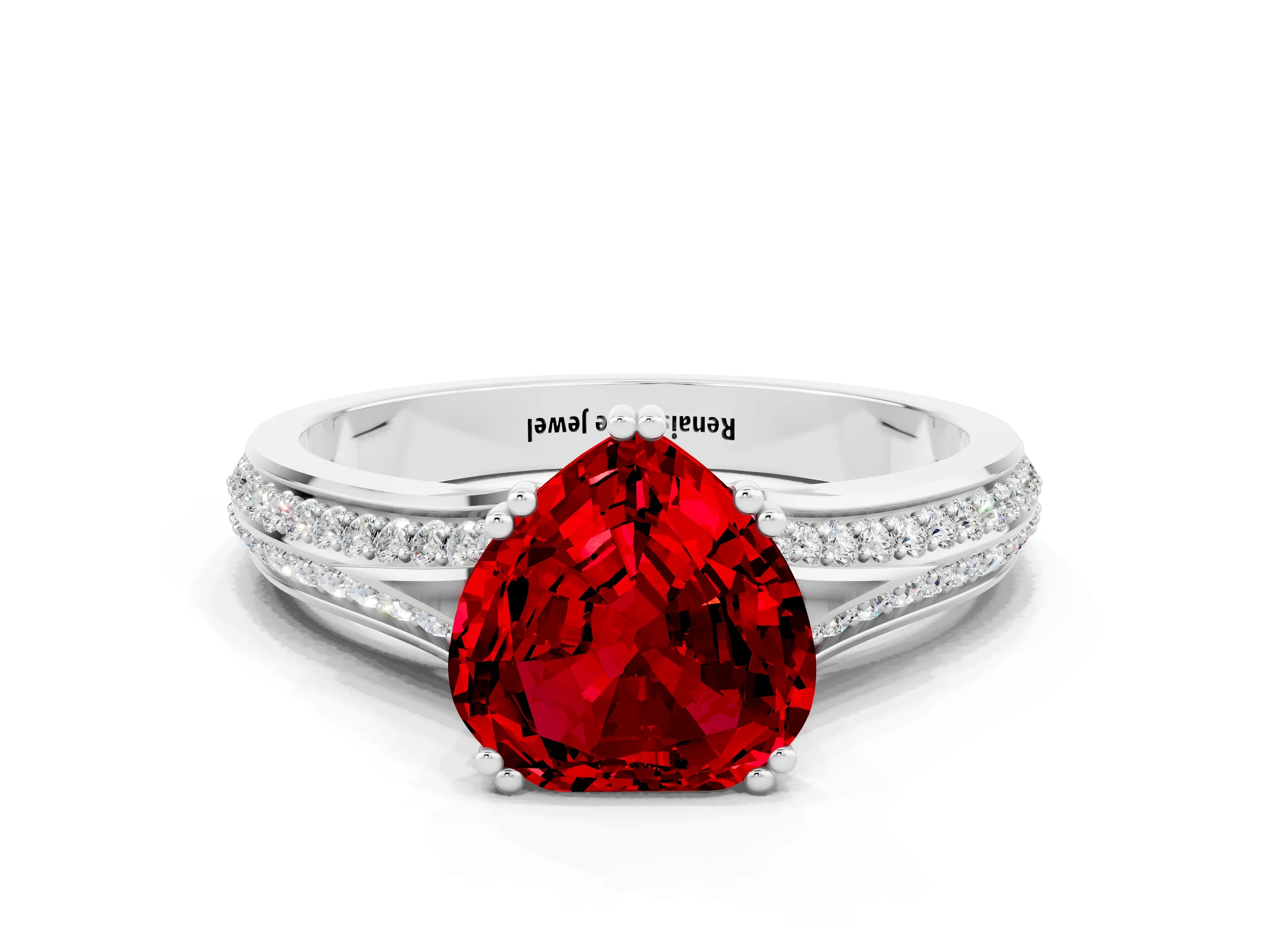 White gold Heart Cut Ruby Split Shank Engagement Ring with Pavé Band