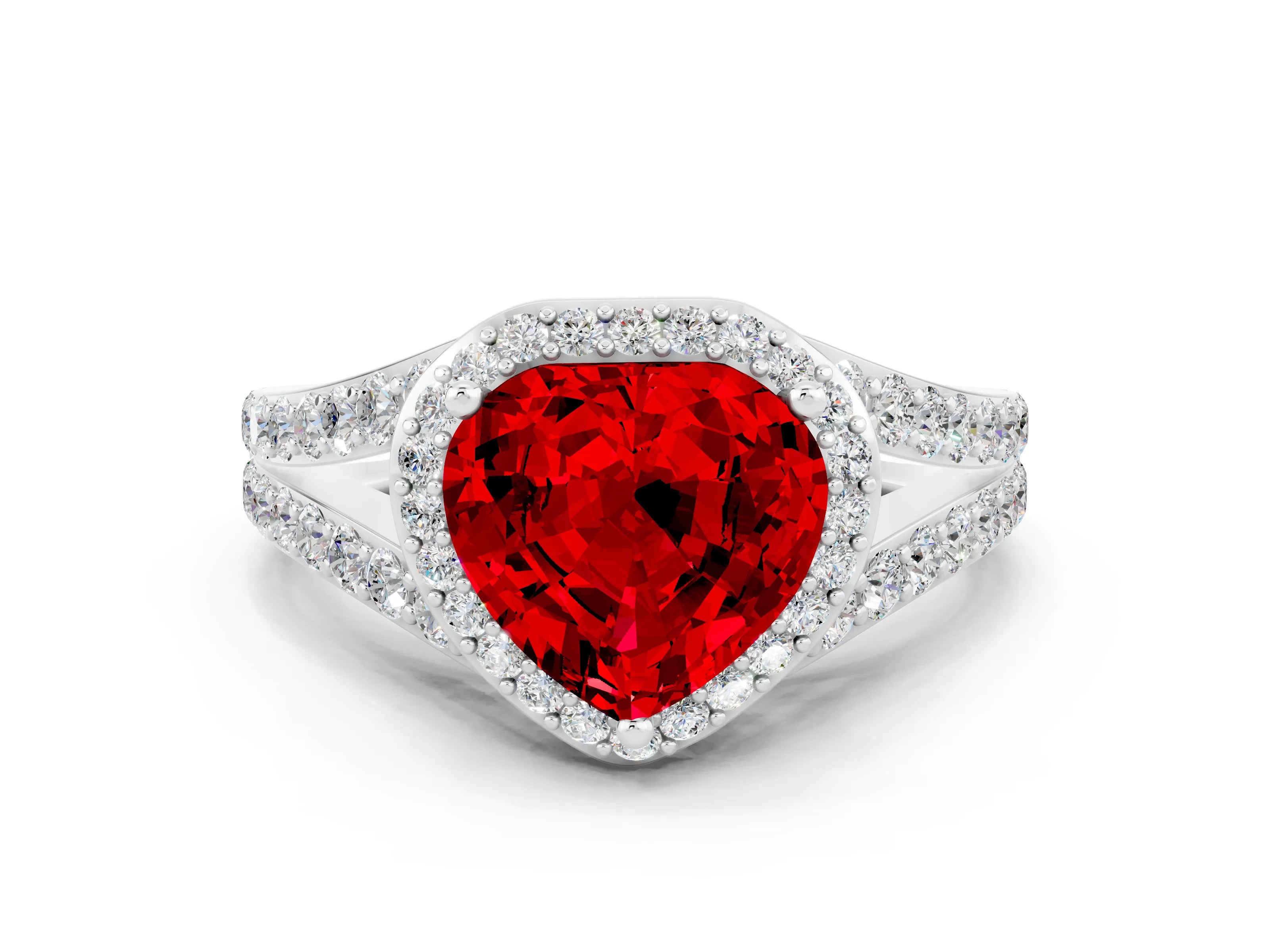 White gold Heart Cut Ruby Split Shank Halo Ring with Four-Prong Setting_55