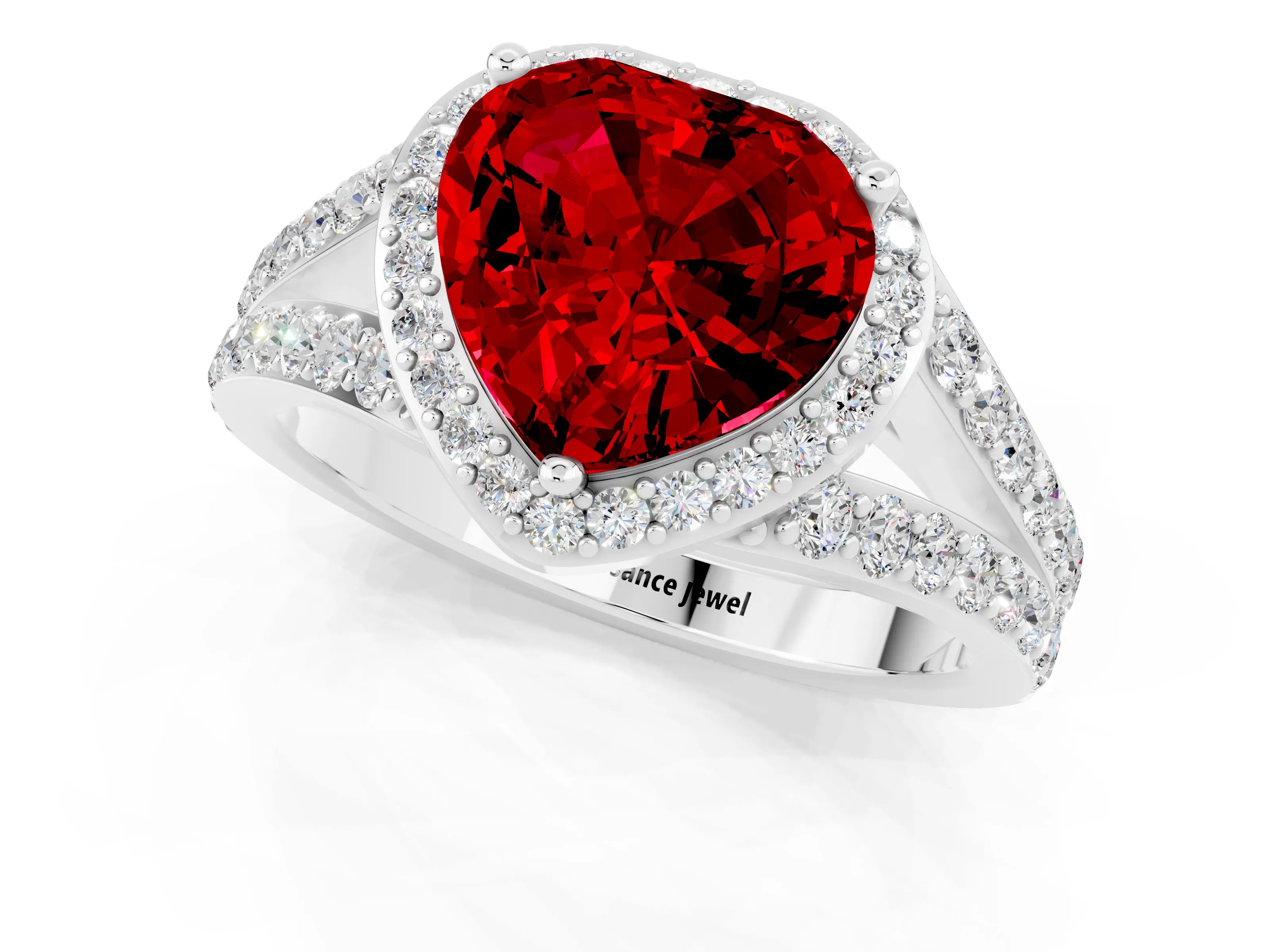 White gold Heart Cut Ruby Split Shank Halo Ring with Four-Prong Setting_56